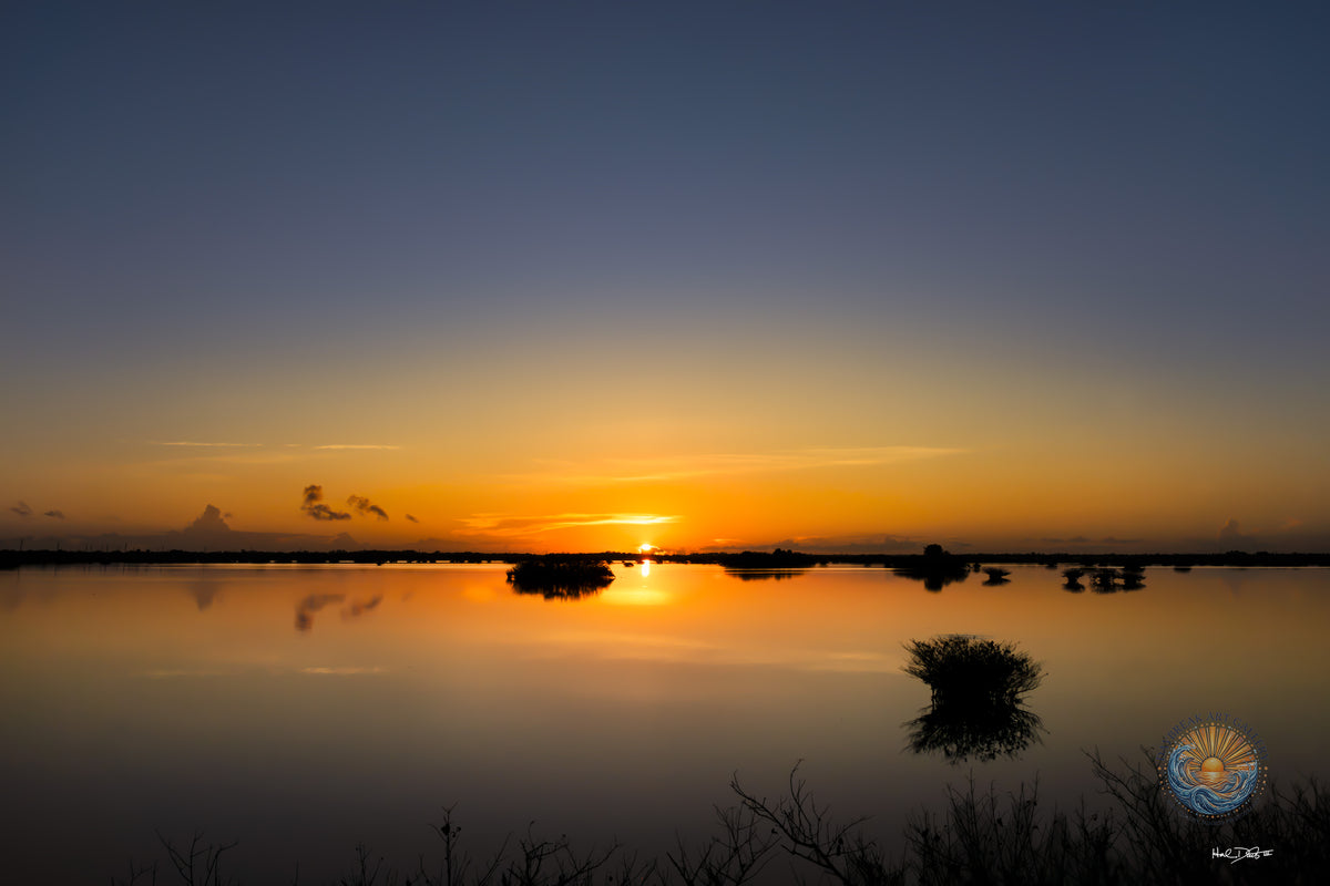 Sunrise over Merritt Island Wildlife Refuge, Florida, July 3, 2026 — a calm waterway lined with silhouetted mangroves under a gradient sky of deep blue fading to orange and yellow