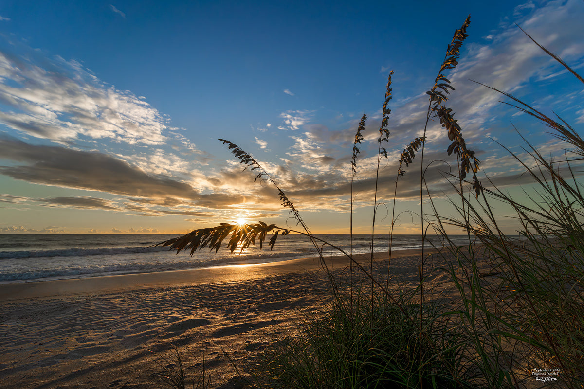 Sunrise over Playalinda Beach, Florida, September 9, 2026 — clear blue sky with clouds along the horizon and sea oats in the foreground
