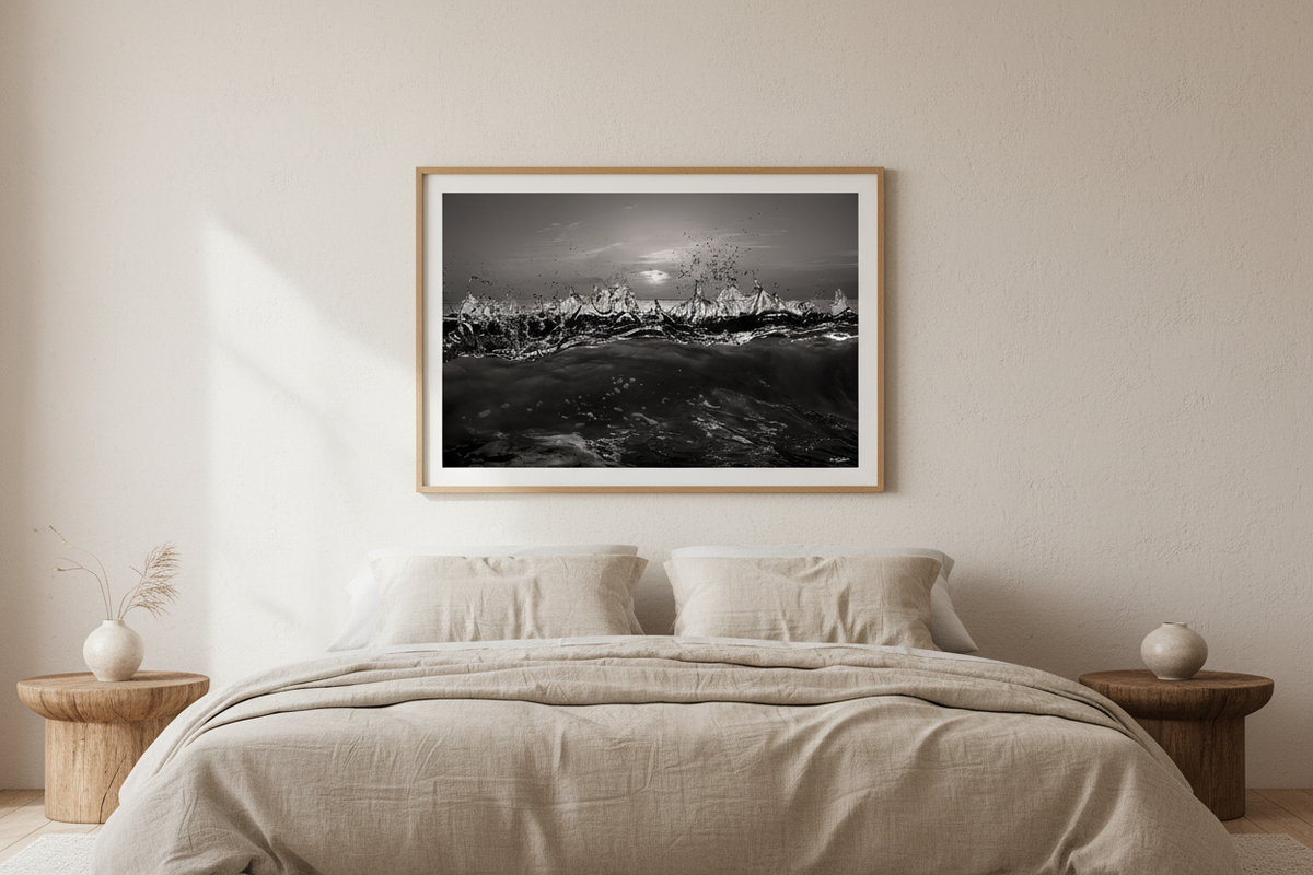 Black-and-white sunrise in luxury bedroom