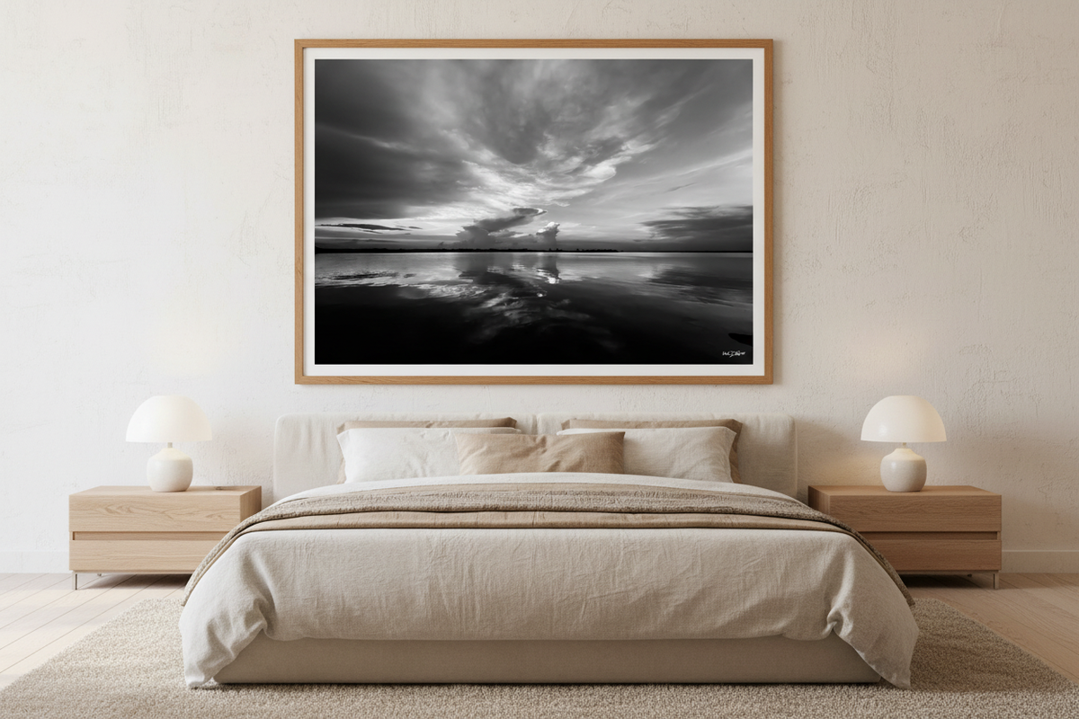 Black-and-white sunrise in luxury bedroom