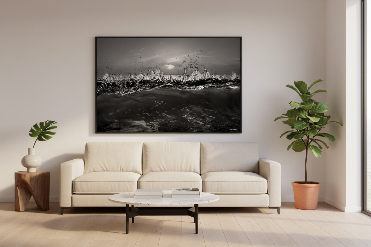Black-and-white sunrise in luxury living room