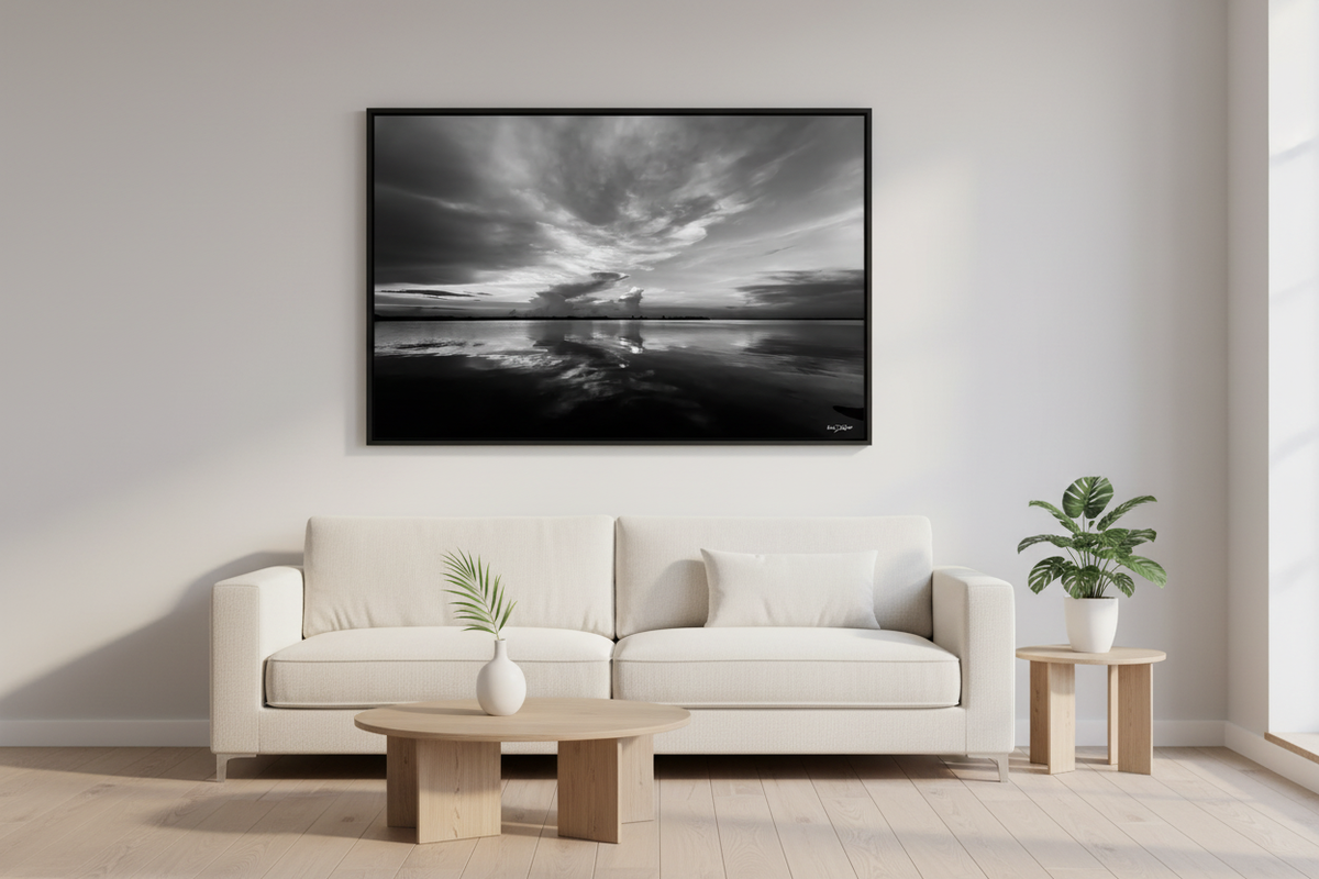 Black-and-white sunrise in luxury living room