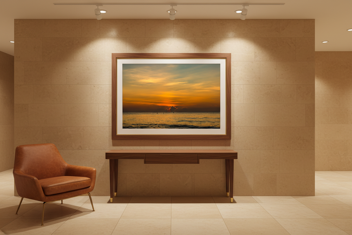 Color sunrise wall art from August 15, 2026, St. Augustine Beach, displayed in a boutique entry lounge