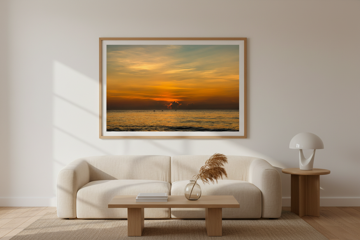 Color sunrise wall art from August 15, 2026, St. Augustine Beach, displayed in a coastal living room