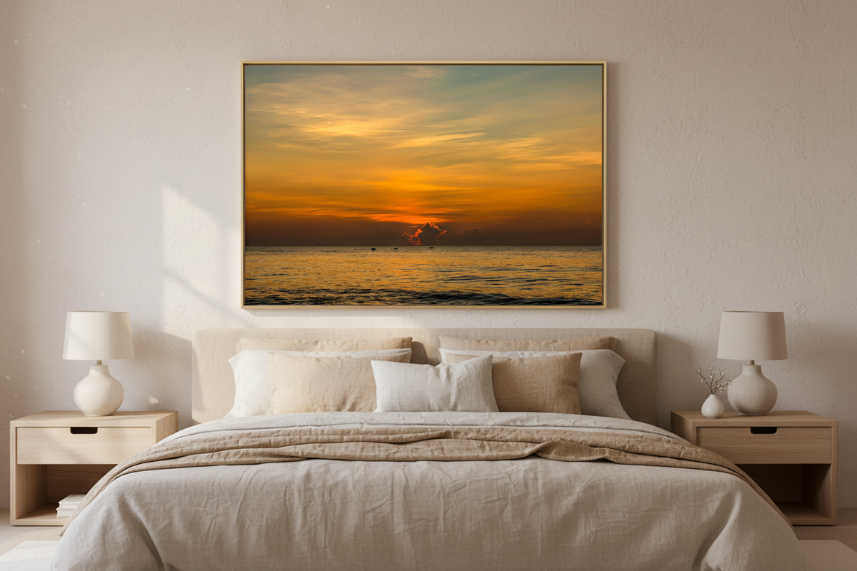Color sunrise wall art from August 15, 2026, St. Augustine Beach, displayed in a quiet-luxury bedroom